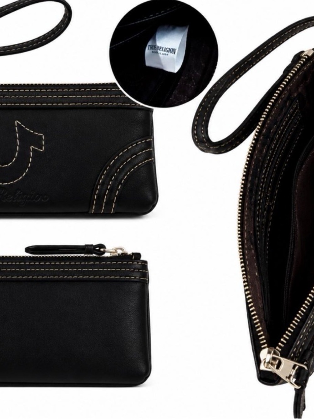True Religion Black Leather Wristlet with Contrast Stitching